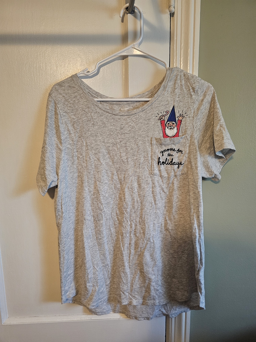 Old Navy Light Gray Holiday Pocket Tee with Gnome